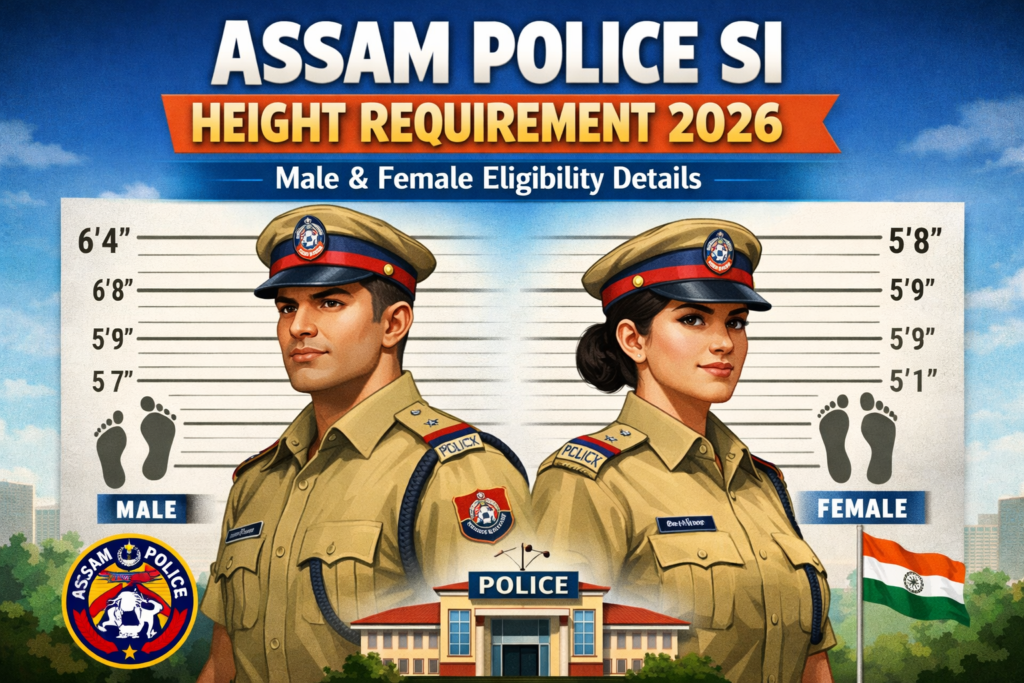 Male and female Assam Police Sub-Inspector officers in uniform standing against a height measurement chart with heading “Assam Police SI Height Requirement 2026 – Male & Female Eligibility Details”.