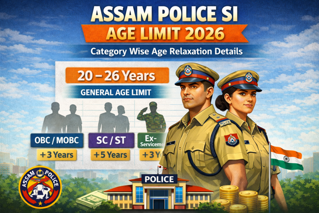 Assam Police SI Age Limit 2026 – Category Wise Age Relaxation Details. Male and female Assam Police Sub-Inspector officers with age limit details showing 20–26 years and category-wise age relaxation for OBC, SC/ST, and Ex-Servicemen in 2026.