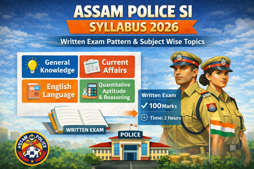 Infographic showing Assam Police SI Syllabus 2026 with written exam pattern, 100 marks, 2 hours duration, and subject-wise topics including General Knowledge, Current Affairs, English, and Quantitative Aptitude.