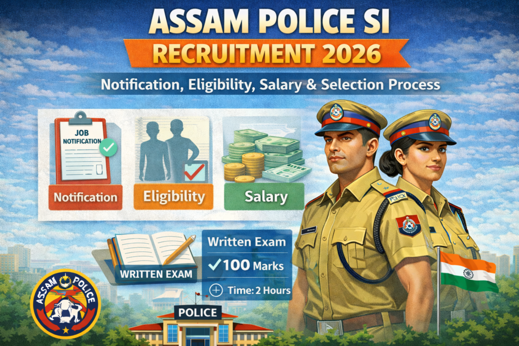 Infographic of Assam Police SI Recruitment 2026 showing notification, eligibility criteria, salary details, and selection process including written exam.