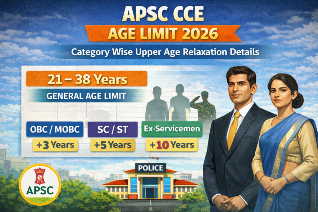 Infographic of APSC CCE Age Limit 2026 showing general age limit 21–38 years with category-wise upper age relaxation for OBC/MOBC, SC/ST, and Ex-Servicemen.