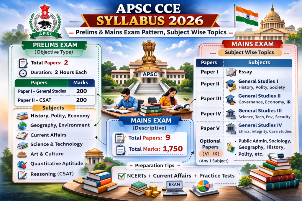 Infographic of APSC CCE Syllabus 2026 showing Prelims and Mains exam pattern, papers, marks, duration, and subject-wise topics including General Studies, CSAT, Essay, and optional subjects.