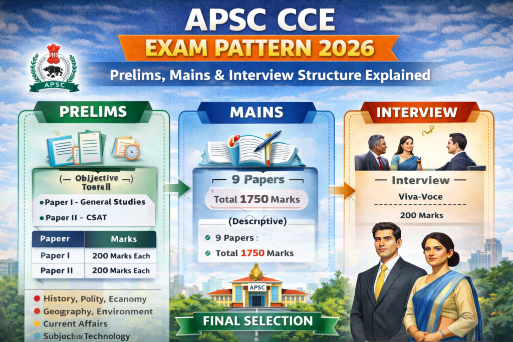 Infographic of APSC CCE Exam Pattern 2026 showing Prelims with two papers, Mains with 9 papers totaling 1750 marks, and Interview stage with 200 marks.
