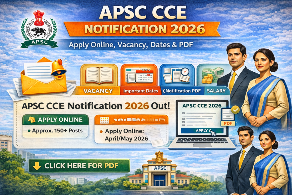 Infographic of APSC CCE Notification 2026 showing apply online details, vacancy information, important dates, and downloadable PDF link.