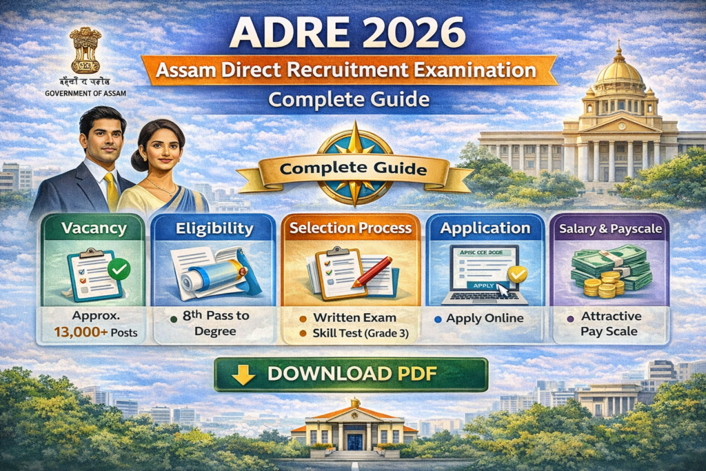 Infographic of ADRE 2026 Assam Direct Recruitment Examination showing vacancy details, eligibility, selection process, application process, and salary information.