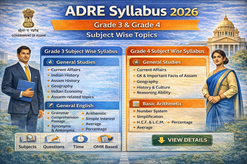 Infographic of ADRE Syllabus 2026 showing Grade 3 and Grade 4 subject-wise topics including General Studies, General English, Assamese, and Basic Arithmetic.