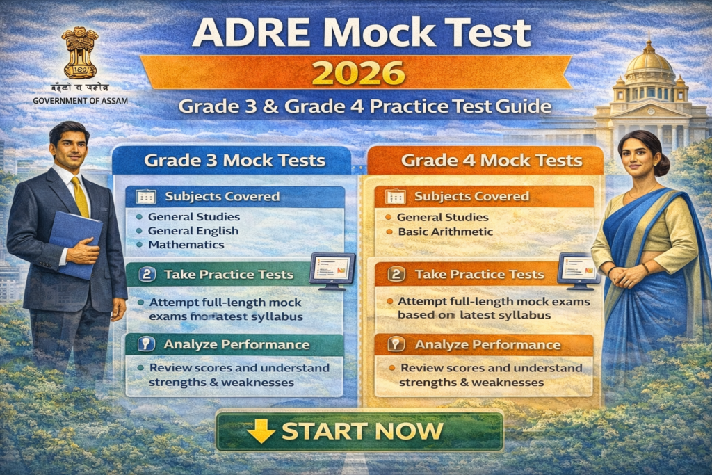 Infographic of ADRE Mock Test 2026 showing Grade 3 and Grade 4 practice tests with subjects covered, full-length mock exams, and performance analysis.