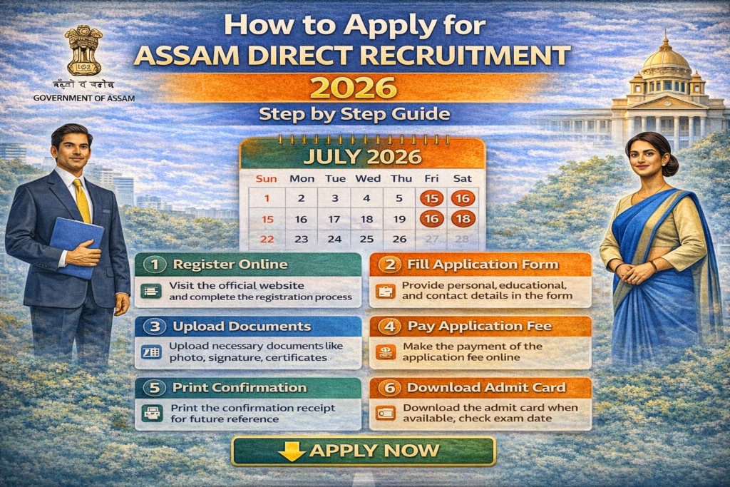 Infographic of how to apply for Assam Direct Recruitment 2026 showing step-by-step online registration, form filling, document upload, fee payment, and admit card download process.