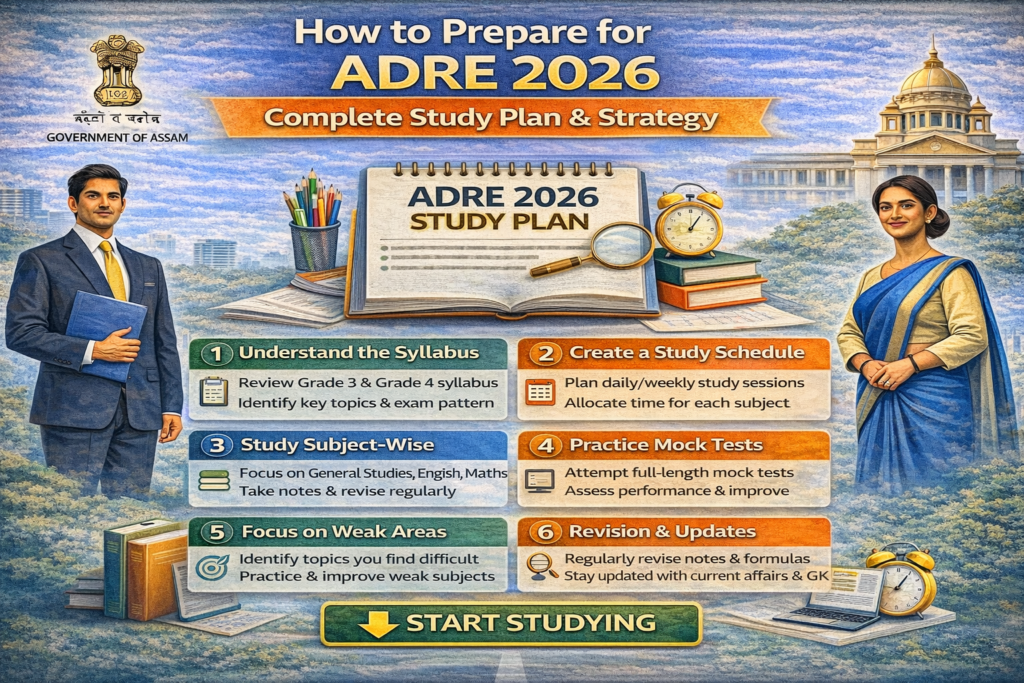Infographic of how to prepare for ADRE 2026 showing complete study plan, subject-wise strategy, mock test practice, revision tips, and exam preparation steps.