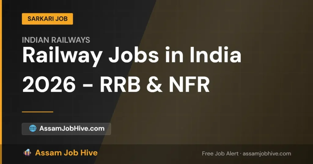 Indian Railways train at station platform representing RRB and NFR railway jobs