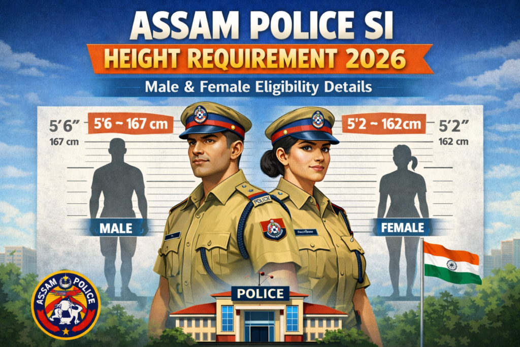 Male and female Assam Police Sub-Inspector officers in uniform standing against a height measurement chart with heading “Assam Police SI Height Requirement 2026 – Male & Female Eligibility Details”.