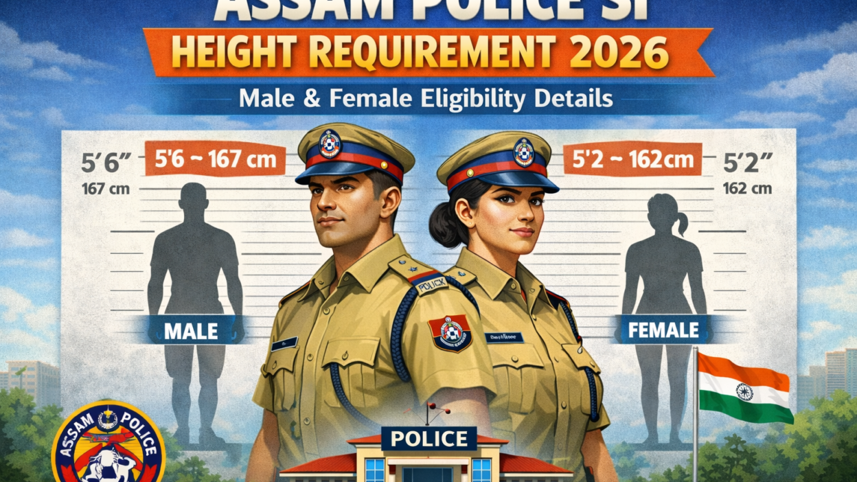 Male and female Assam Police Sub-Inspector officers in uniform standing against a height measurement chart with heading “Assam Police SI Height Requirement 2026 – Male & Female Eligibility Details”.