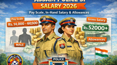 Assam Police SI Salary 2026 – Pay Scale, In-Hand Salary and Allowances. Male and female Assam Police Sub-Inspector officers in uniform with salary details showing pay scale Rs. 14,000–60,500 and gross salary Rs. 52,000+ for 2026.
