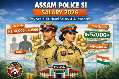 Assam Police SI Salary 2026 – Pay Scale, In-Hand Salary and Allowances. Male and female Assam Police Sub-Inspector officers in uniform with salary details showing pay scale Rs. 14,000–60,500 and gross salary Rs. 52,000+ for 2026.