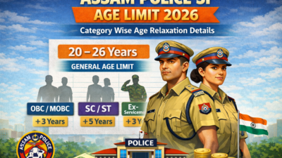 Assam Police SI Age Limit 2026 – Category Wise Age Relaxation Details. Male and female Assam Police Sub-Inspector officers with age limit details showing 20–26 years and category-wise age relaxation for OBC, SC/ST, and Ex-Servicemen in 2026.