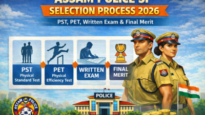 Infographic showing Assam Police SI Selection Process 2026 including PST, PET, Written Exam, and Final Merit stages with male and female officers in uniform.