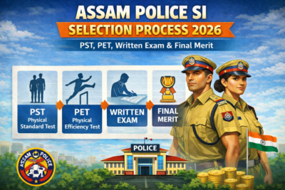 Infographic showing Assam Police SI Selection Process 2026 including PST, PET, Written Exam, and Final Merit stages with male and female officers in uniform.