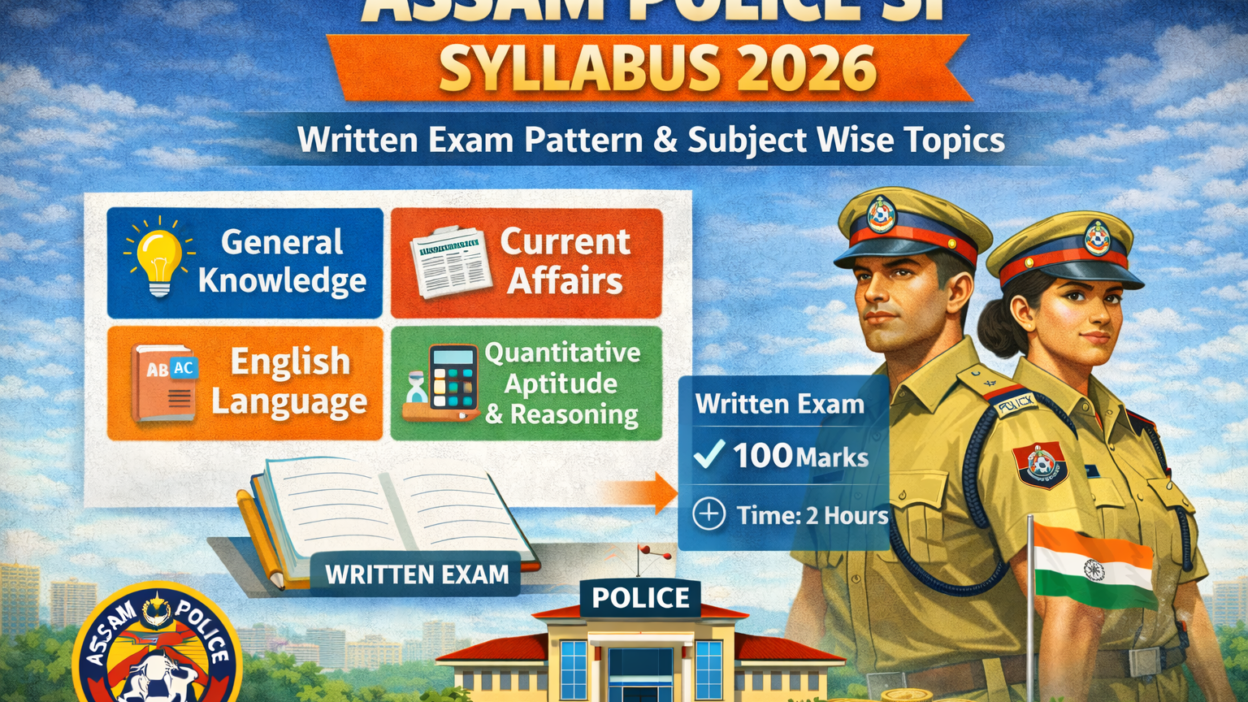 Infographic showing Assam Police SI Syllabus 2026 with written exam pattern, 100 marks, 2 hours duration, and subject-wise topics including General Knowledge, Current Affairs, English, and Quantitative Aptitude.