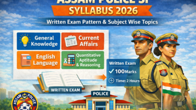 Infographic showing Assam Police SI Syllabus 2026 with written exam pattern, 100 marks, 2 hours duration, and subject-wise topics including General Knowledge, Current Affairs, English, and Quantitative Aptitude.