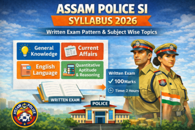 Infographic showing Assam Police SI Syllabus 2026 with written exam pattern, 100 marks, 2 hours duration, and subject-wise topics including General Knowledge, Current Affairs, English, and Quantitative Aptitude.