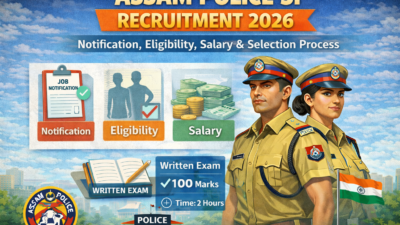 Infographic of Assam Police SI Recruitment 2026 showing notification, eligibility criteria, salary details, and selection process including written exam.