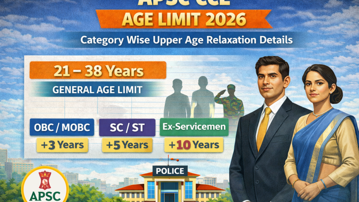 Infographic of APSC CCE Age Limit 2026 showing general age limit 21–38 years with category-wise upper age relaxation for OBC/MOBC, SC/ST, and Ex-Servicemen.