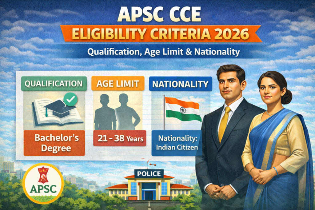 Infographic of APSC CCE Eligibility Criteria 2026 showing qualification as Bachelor’s degree, age limit 21–38 years, and nationality requirement as Indian citizen.