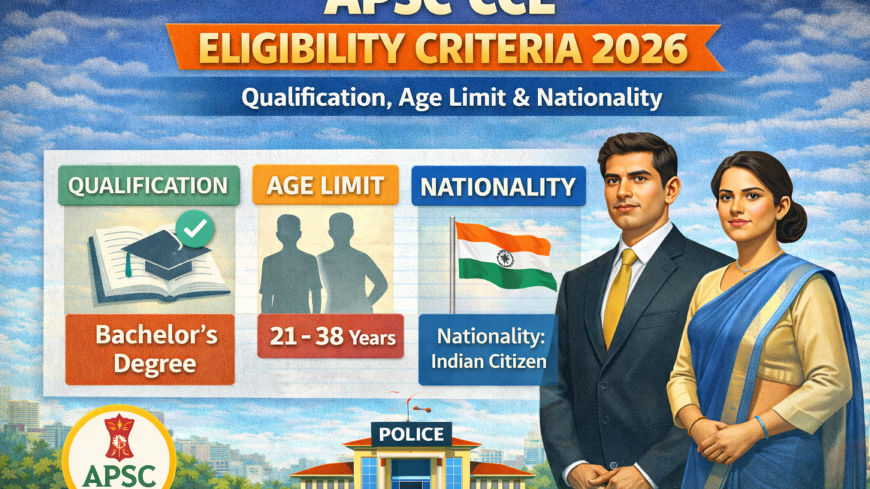 Infographic of APSC CCE Eligibility Criteria 2026 showing qualification as Bachelor’s degree, age limit 21–38 years, and nationality requirement as Indian citizen.