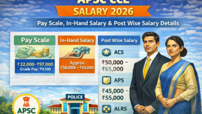 Infographic of APSC CCE Salary 2026 showing pay scale ₹22,000–₹97,000 with grade pay ₹9,100, in-hand salary estimate, and post-wise salary details for ACS, APS, and ALRS.