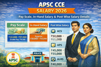 Infographic of APSC CCE Salary 2026 showing pay scale ₹22,000–₹97,000 with grade pay ₹9,100, in-hand salary estimate, and post-wise salary details for ACS, APS, and ALRS.