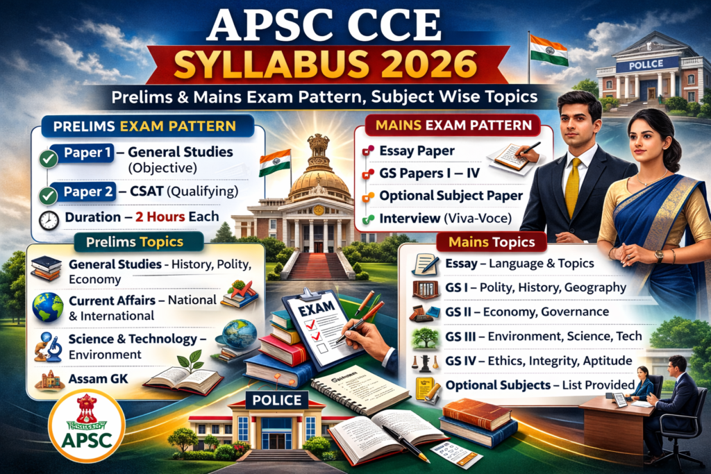 Infographic of APSC CCE Syllabus 2026 showing Prelims and Mains exam pattern, papers, marks, duration, and subject-wise topics including General Studies, CSAT, Essay, and optional subjects.