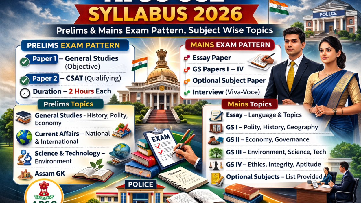 Infographic of APSC CCE Syllabus 2026 showing Prelims and Mains exam pattern, papers, marks, duration, and subject-wise topics including General Studies, CSAT, Essay, and optional subjects.