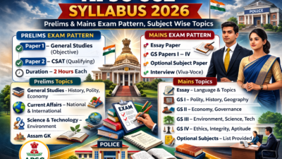 Infographic of APSC CCE Syllabus 2026 showing Prelims and Mains exam pattern, papers, marks, duration, and subject-wise topics including General Studies, CSAT, Essay, and optional subjects.