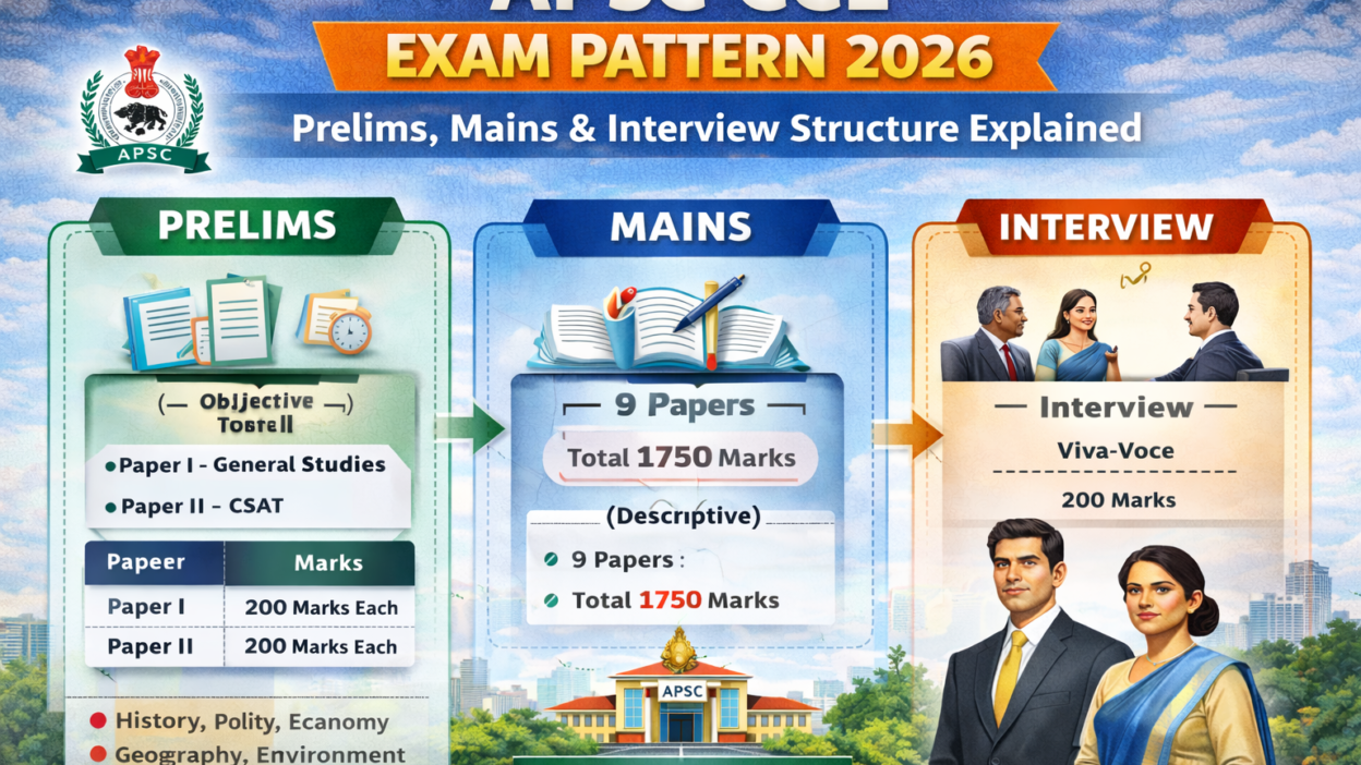 Infographic of APSC CCE Exam Pattern 2026 showing Prelims with two papers, Mains with 9 papers totaling 1750 marks, and Interview stage with 200 marks.