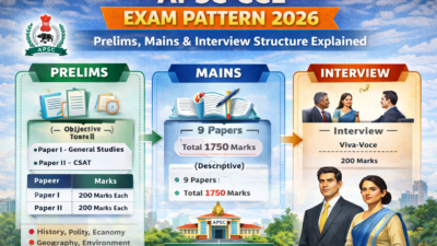 Infographic of APSC CCE Exam Pattern 2026 showing Prelims with two papers, Mains with 9 papers totaling 1750 marks, and Interview stage with 200 marks.