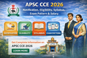 Infographic of APSC CCE 2026 showing notification, eligibility criteria, syllabus, exam pattern, and salary details in one overview graphic.