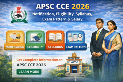 Infographic of APSC CCE 2026 showing notification, eligibility criteria, syllabus, exam pattern, and salary details in one overview graphic.