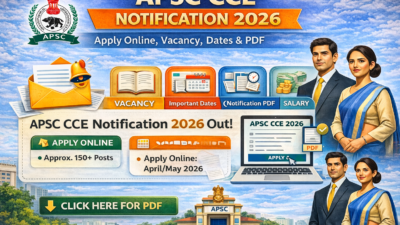 Infographic of APSC CCE Notification 2026 showing apply online details, vacancy information, important dates, and downloadable PDF link.