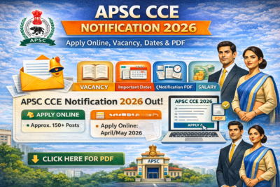 Infographic of APSC CCE Notification 2026 showing apply online details, vacancy information, important dates, and downloadable PDF link.