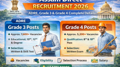 Infographic of Assam Direct Recruitment 2026 showing ADRE Grade 3 and Grade 4 posts, vacancies, eligibility, selection process, and salary details.
