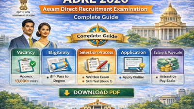 Infographic of ADRE 2026 Assam Direct Recruitment Examination showing vacancy details, eligibility, selection process, application process, and salary information.