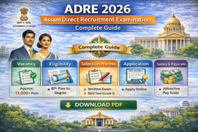 Infographic of ADRE 2026 Assam Direct Recruitment Examination showing vacancy details, eligibility, selection process, application process, and salary information.