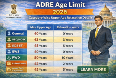 Infographic of ADRE Age Limit 2026 showing category-wise upper age limits and relaxation for General, OBC/MOBC, SC/ST, EWS, PWD, Ex-Servicemen, and Assam Government employees.