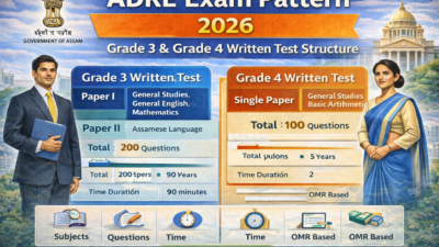 Infographic of ADRE Exam Pattern 2026 showing Grade 3 and Grade 4 written test structure, subjects, total questions, and exam duration.