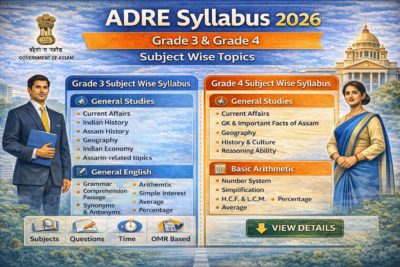 Infographic of ADRE Syllabus 2026 showing Grade 3 and Grade 4 subject-wise topics including General Studies, General English, Assamese, and Basic Arithmetic.