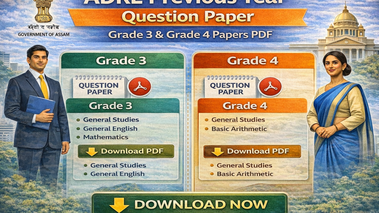 Infographic of ADRE Previous Year Question Paper showing Grade 3 and Grade 4 papers with downloadable PDF links and subject details.