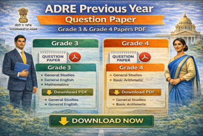Infographic of ADRE Previous Year Question Paper showing Grade 3 and Grade 4 papers with downloadable PDF links and subject details.
