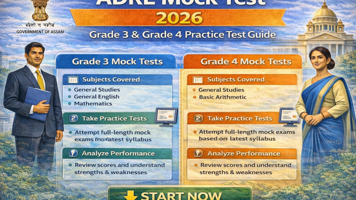 Infographic of ADRE Mock Test 2026 showing Grade 3 and Grade 4 practice tests with subjects covered, full-length mock exams, and performance analysis.