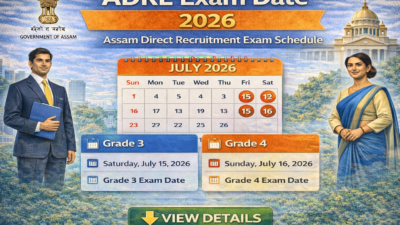 Infographic of ADRE Exam Date 2026 showing Assam Direct Recruitment exam schedule with Grade 3 and Grade 4 exam dates highlighted on a calendar.