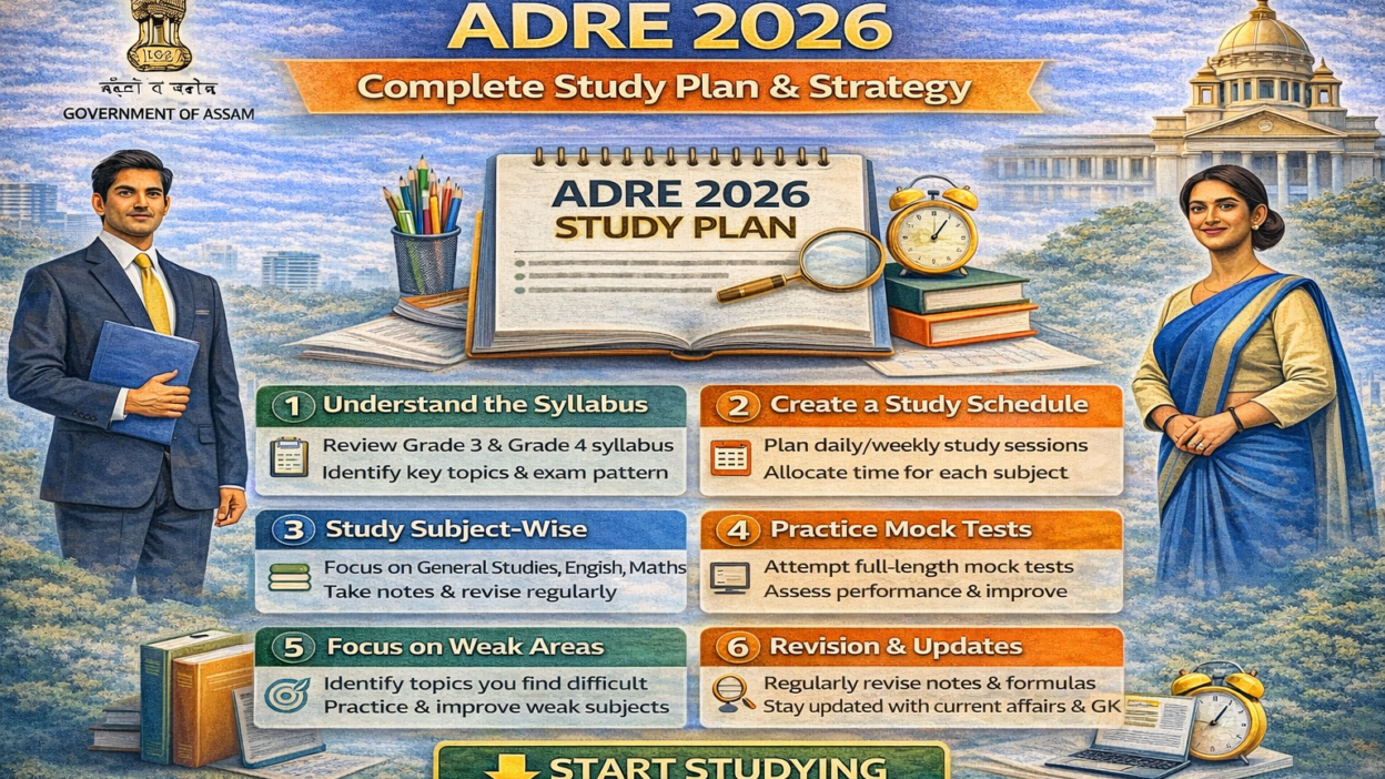 Infographic of how to prepare for ADRE 2026 showing complete study plan, subject-wise strategy, mock test practice, revision tips, and exam preparation steps.